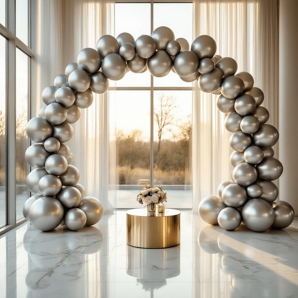 Silver Balloon Decorations: Your Complete Guide to Stunning Party Setups A luxurious modern event space featuring a silver balloon arch over a white marble floor, with golden hour light streaming through large windows. The scene showcases a metallic balloon garland, clusters of chrome and metallic silver balloons, and elegant white and gold accent furniture, all captured in a professional wide-angle shot.