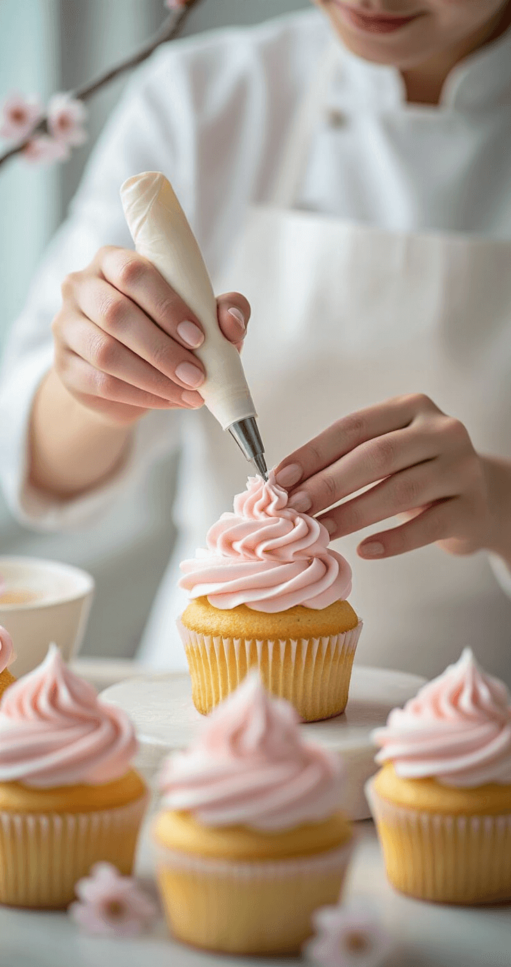 A pastry chef's hands in a white sleeve piping pale pink sakura buttercream onto a golden cupcake, with a clean kitchen and cherry blossoms softly blurred in the background.