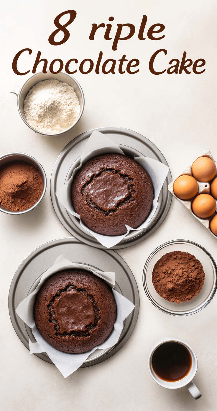 Triple Chocolate Cake: The Ultimate Chocolate Lover's Dream A well-organized baking setup featuring three 8-inch round cake pans lined with parchment paper, surrounded by measured ingredients in stainless steel bowls, including cocoa powder, fresh eggs, and a steaming cup of coffee, illuminated by warm kitchen lighting.