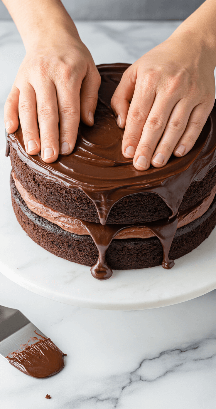 Triple Chocolate Cake: The Ultimate Chocolate Lover's Dream A close-up of hands using a spatula to smooth glossy dark chocolate ganache between layers of chocolate cake, with ganache slightly overflowing, set against a marble countertop.