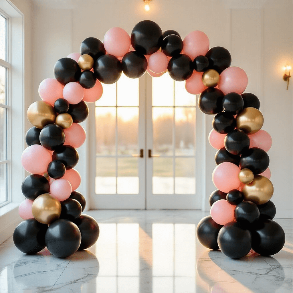 A black and pink balloon arch with metallic gold accents frames an elegant entry in a modern white-walled venue, illuminated by golden hour light, with silk ribbons cascading down and casting soft shadows on a polished marble floor.