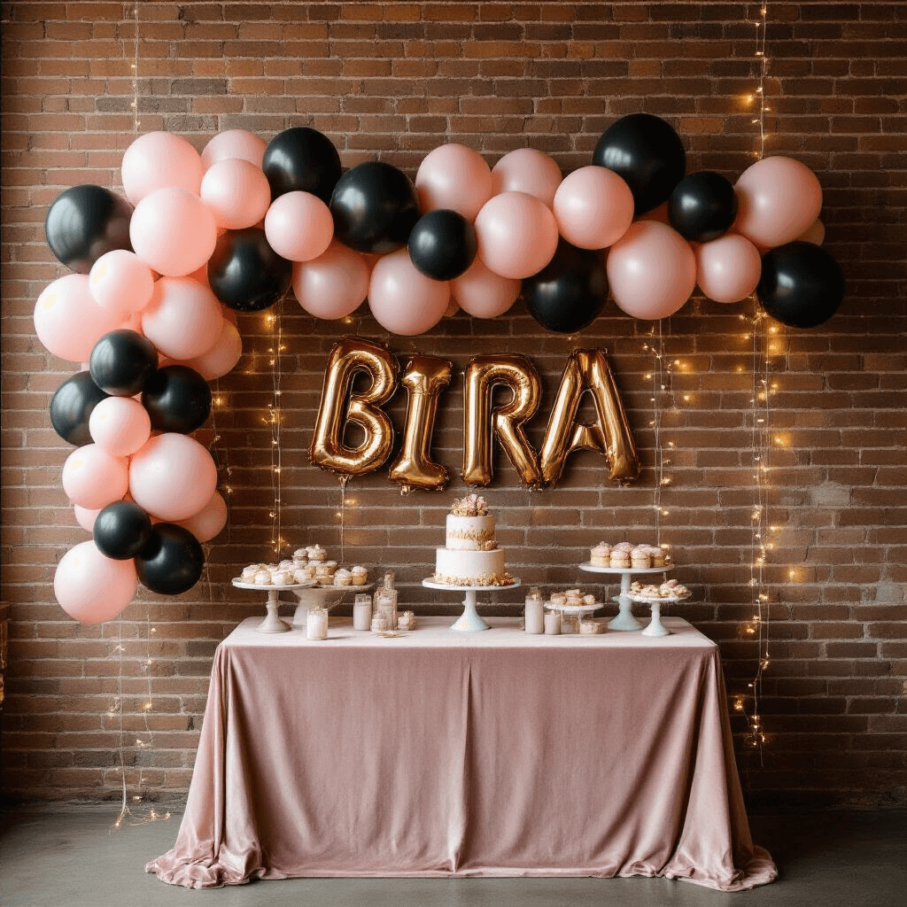 An intimate birthday celebration featuring a balloon garland of chrome pink and matte black balloons draped across a rustic exposed brick wall, with gold foil number balloons and soft fairy lights. A blush velvet tablecloth and elegant cake stand create a textured scene, illuminated by warm, moody lighting.
