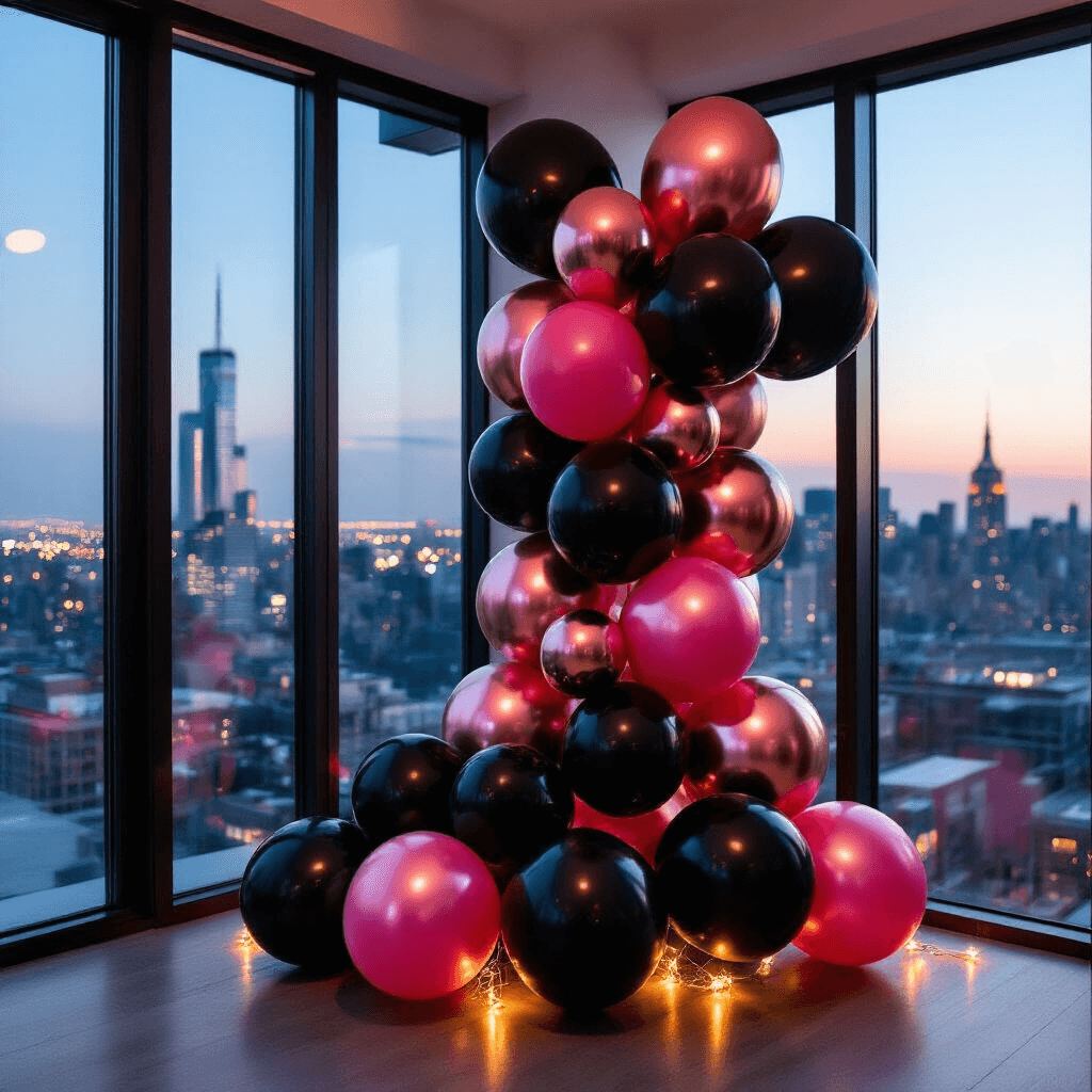 A vibrant balloon cluster for a bachelorette party, featuring metallic and matte black balloons with hot pink and rose gold accents, set against a sleek modern apartment with floor-to-ceiling windows revealing a city skyline at twilight. The installation is enhanced by LED string lights, showcasing various textures and reflective qualities.