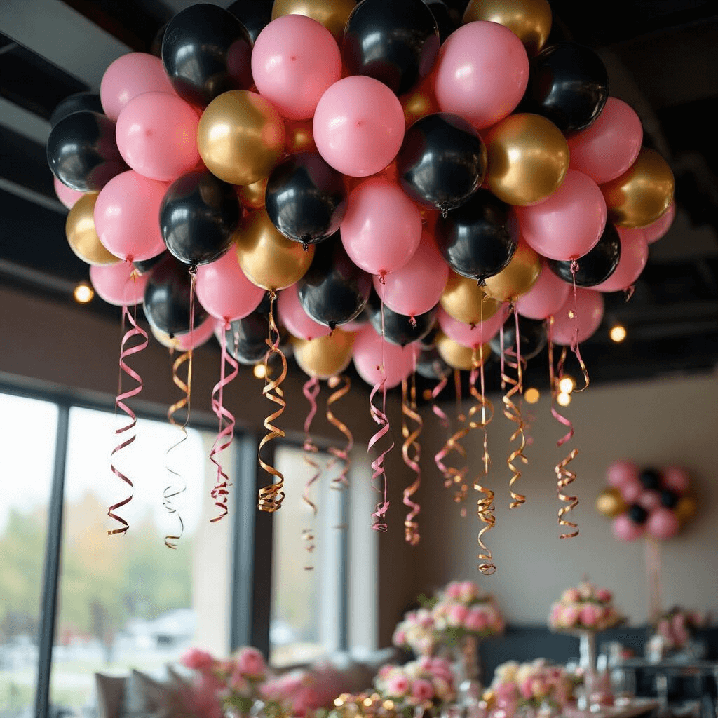 A wide-angle view of a sweet sixteen celebration featuring a ceiling installation of black, pink, and gold balloon clusters, with curled metallic ribbons and LED-lit balloons creating a magical atmosphere.