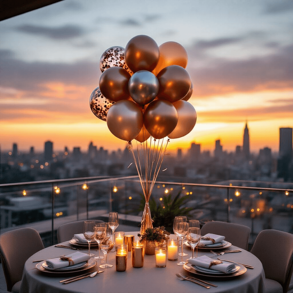 Rooftop terrace celebration at sunset featuring a stylish balloon bouquet, modern neutral furniture, glass railing, curated table setting with rose gold accents, and ambient fairy lights, all overlooking a city skyline.