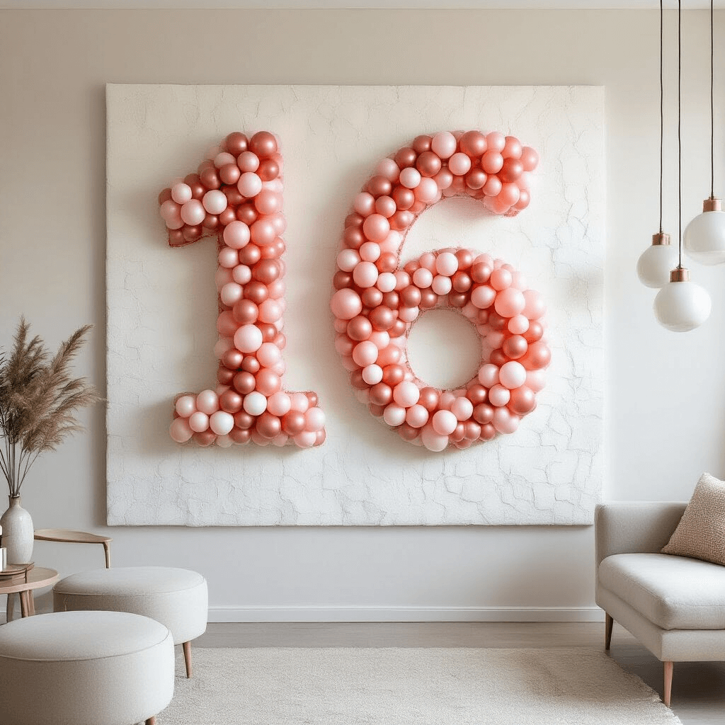 Sweet 16 Party Balloons: Your Complete Guide to Number 16 Balloon Decorations An intricate DIY balloon mosaic wall display featuring the number 16 made from 200 5-inch latex balloons in ombré shades of rose gold, blush pink, and cream, mounted on textured white foam board, set in a modern minimalist living room with sleek furniture and metallic accents.