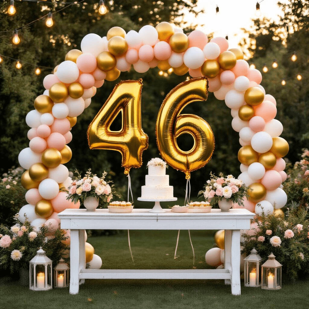Sweet 16 Party Balloons: Your Complete Guide to Number 16 Balloon Decorations A vibrant Sweet 16 outdoor celebration featuring oversized gold foil number balloons on a balloon arch in a lush garden. A farmhouse-style table displays a stunning naked cake with fresh flowers, surrounded by a balloon garland in gold, white, and blush tones. String lights and lanterns create a magical evening atmosphere with warm sunset lighting.