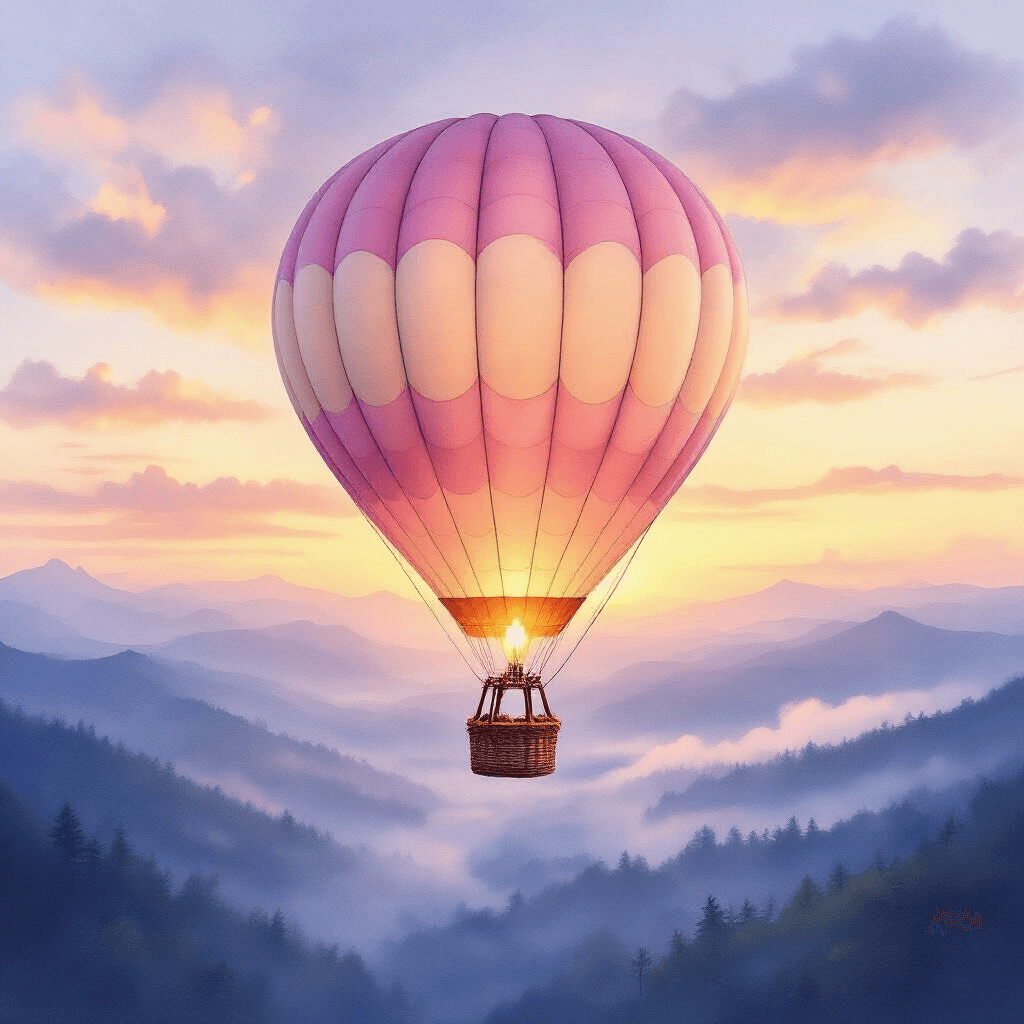 Hot Air Balloon Art: Every Creative Method You Need to Master This Whimsical Trend A photorealistic watercolor scene of a delicate hot air balloon with soft pink and cream panels floating above a misty mountain landscape at golden hour, set against a lavender and dusty blue sunset sky. Ethereal clouds drift softly, casting shadows on the balloon, which is suspended above a detailed woven basket. The watercolor technique showcases seamless color blending and natural lighting, emphasizing the expansive landscape and peaceful adventure.