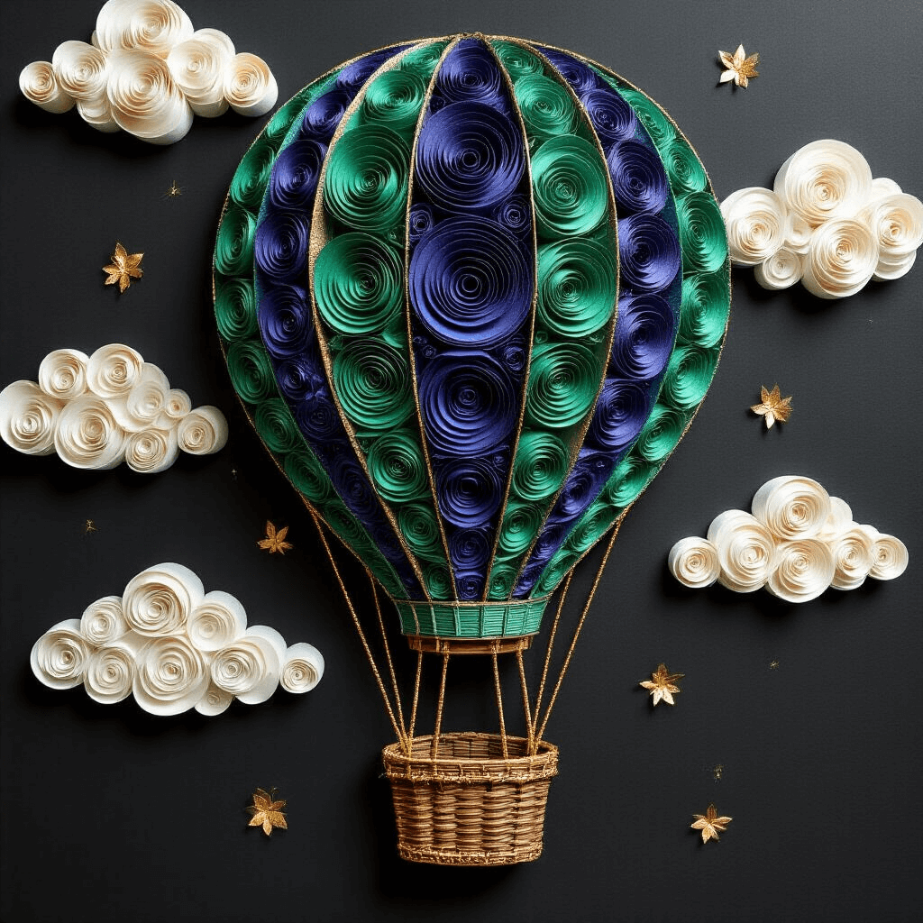Hot Air Balloon Art: Every Creative Method You Need to Master This Whimsical Trend Mixed media artwork of a hot air balloon with layered paper craft technique featuring jewel tone panels in emerald and sapphire, against a midnight black background. The intricate basket is made from rolled dark brown paper strips, connected by metallic gold thread. Poly-fil batting clouds add depth, with a flat lay composition highlighting the detailed craftsmanship and dramatic lighting on the textured paper elements.