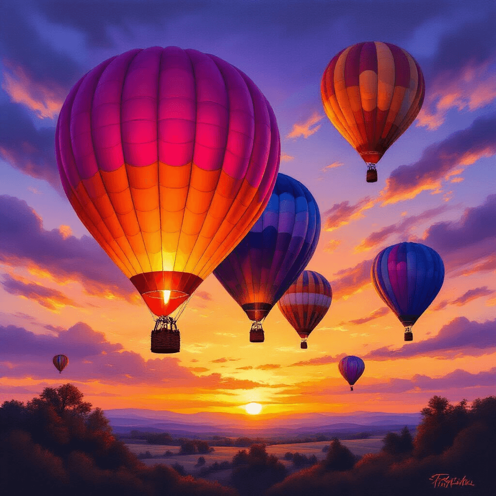 Hot Air Balloon Art: Every Creative Method You Need to Master This Whimsical Trend Acrylic painting of multiple hot air balloons at sunset, featuring a vibrant magenta and orange foreground balloon with detailed panel lines, softer purple and blue background balloons creating depth, a richly gradient sky from deep purple to blazing orange, wispy clouds for texture, and warm earthy brown woven baskets, all in a cinematic wide-angle view.