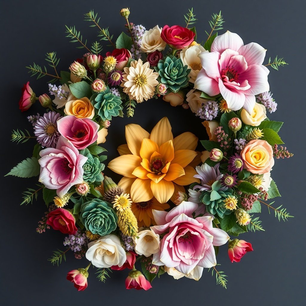 50 Stunning Christmas Wreaths to Decorate Your Home This Holiday Season A colorful Christmas wreath featuring a variety of flowers including roses, daisies, and a bright yellow flower at the center.