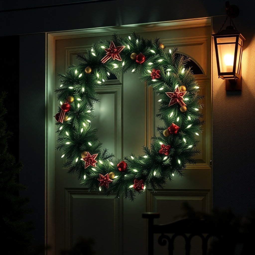 50 Stunning Christmas Wreaths to Decorate Your Home This Holiday Season A beautifully decorated LED lighted Christmas wreath hanging on a door, featuring red and gold ornaments and glowing lights.