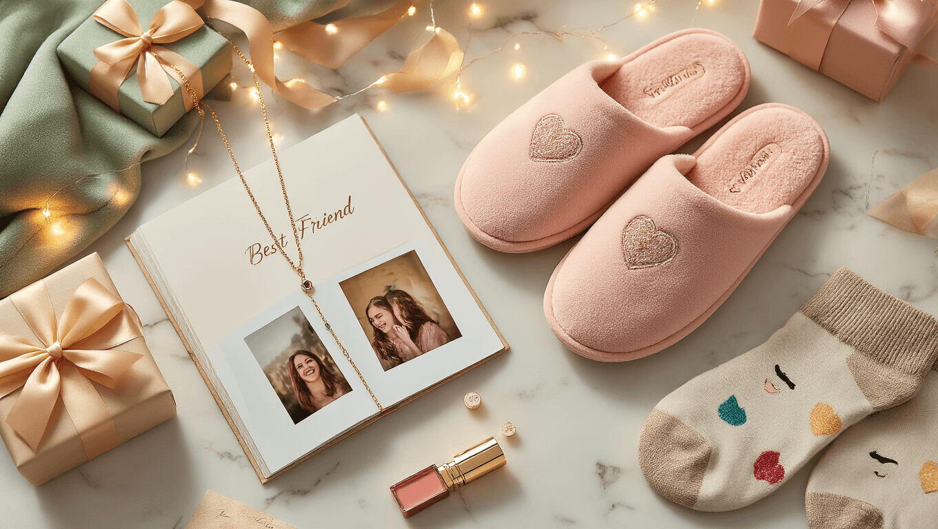 Cinematic flat-lay of best friend birthday gifts on a warm marble surface, featuring a delicate birthstone necklace, blush pink memory foam slippers, an opened custom photo book, personalized photo socks, reflective lip gloss, elegantly wrapped presents with silk ribbons, scattered handwritten cards, and fairy lights, all under soft golden hour lighting with cozy textures and a pastel color palette.