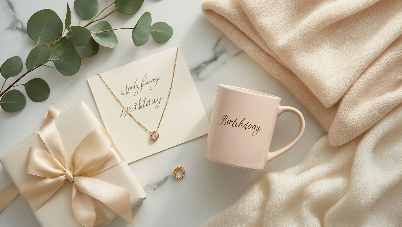 Overhead shot of elegantly styled birthday gifts on a white marble surface, featuring a personalized blush ceramic mug, gold birthstone necklace, cream Barefoot Dreams throw, fresh eucalyptus, pastel tissue paper, and a handwritten card, all enhanced by warm golden hour lighting.