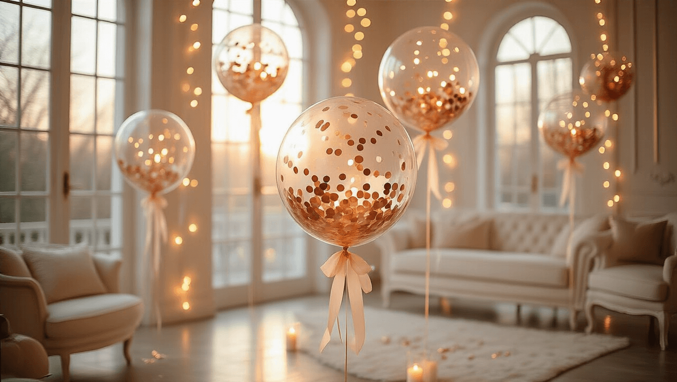 Elegant party setup with crystal-clear bobo balloons filled with rose gold confetti and warm LED lights, suspended with ivory satin ribbons, illuminated by golden hour light, featuring luxurious white furniture and a sophisticated color palette.