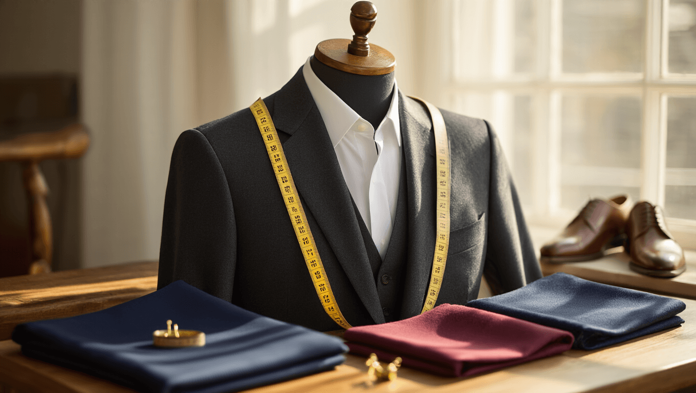 A charcoal gray wool suit jacket draped on a wooden tailor's form, with a vintage measuring tape and textile swatches nearby, illuminated by warm sunlight on a clean white background.