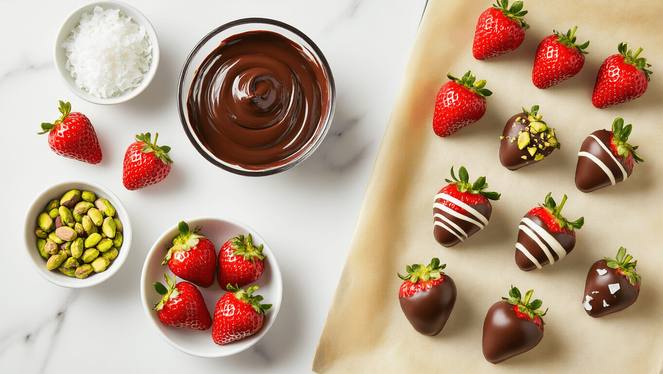 Cinematic overhead view of a chocolate-dipped strawberry preparation station with dark chocolate in a bowl, fresh strawberries, and toppings on a white marble surface, creating an inviting atmosphere.