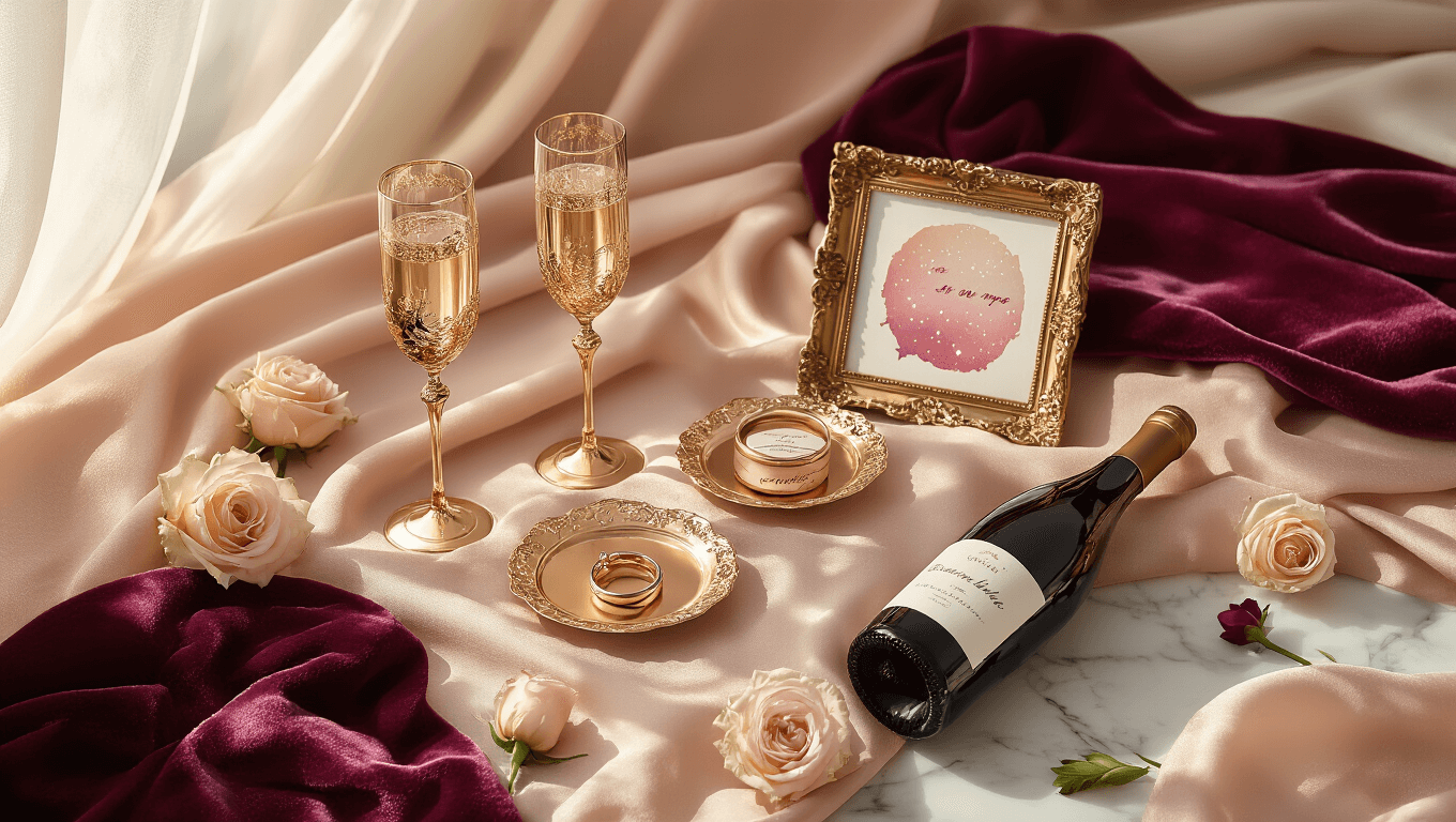 Cinematic overhead view of elegant engagement gifts on blush silk, featuring vintage gold-etched champagne flutes, a watercolor star map in an ornate gold frame, rose gold ring dishes, and a personalized wine bottle, surrounded by soft cream roses and filtered golden light, creating a romantic and luxurious atmosphere.