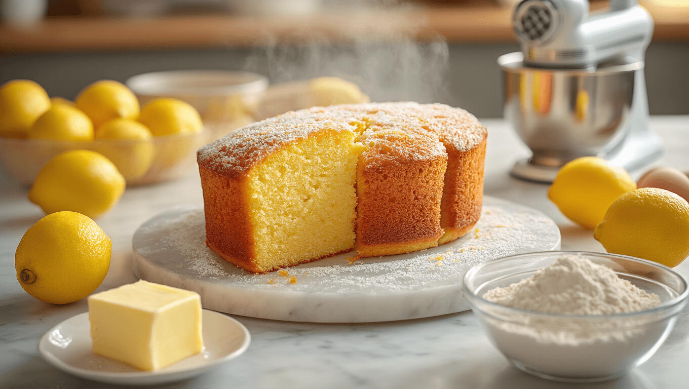 Cinematic kitchen scene showcasing a golden lemon drizzle cake with crystallized sugar topping, surrounded by fresh lemons, softened butter, cracked eggs, and flour, all beautifully arranged on a marble countertop with warm lighting.