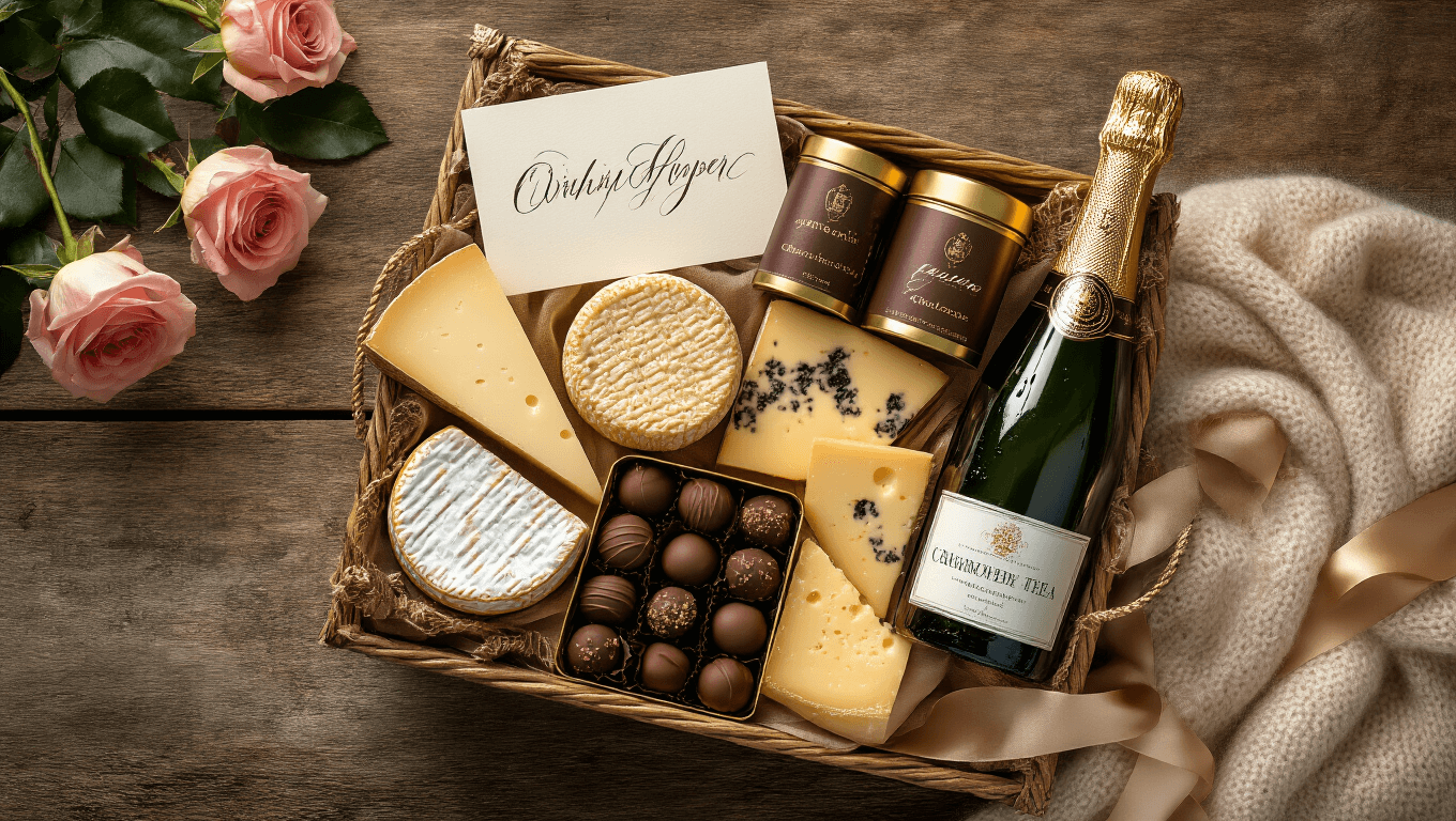 An overhead cinematic shot of an elegantly arranged gift hamper on a weathered oak table, showcasing premium champagne, artisanal cheese, gourmet chocolate truffles, fresh roses, luxury tea tins, a soft cashmere throw, handwritten cards, and delicate ribbons, all bathed in warm golden hour lighting.