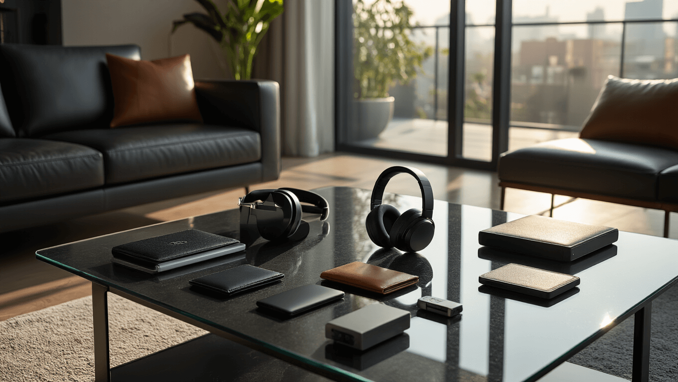 Cinematic wide-angle shot of a modern apartment living room showcasing tech gifts on a glass coffee table, including wireless headphones and smart gadgets, with geometric shadows and warm ambient lighting reflecting off sleek surfaces.