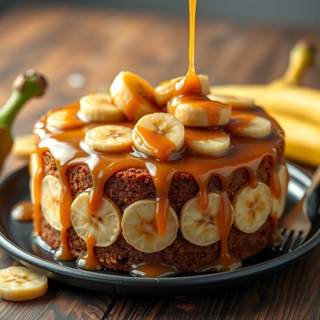 30 Delicious New Year Cake Recipes to Celebrate in Style A beautifully decorated Banana Foster Cake topped with banana slices and caramel sauce.