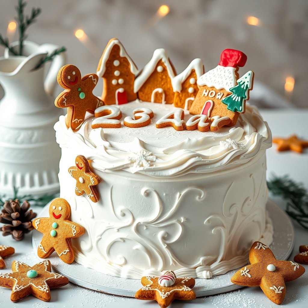 30 Delicious New Year Cake Recipes to Celebrate in Style A beautifully decorated gingerbread cake with cream cheese frosting and gingerbread cookies on top, perfect for New Year celebrations.