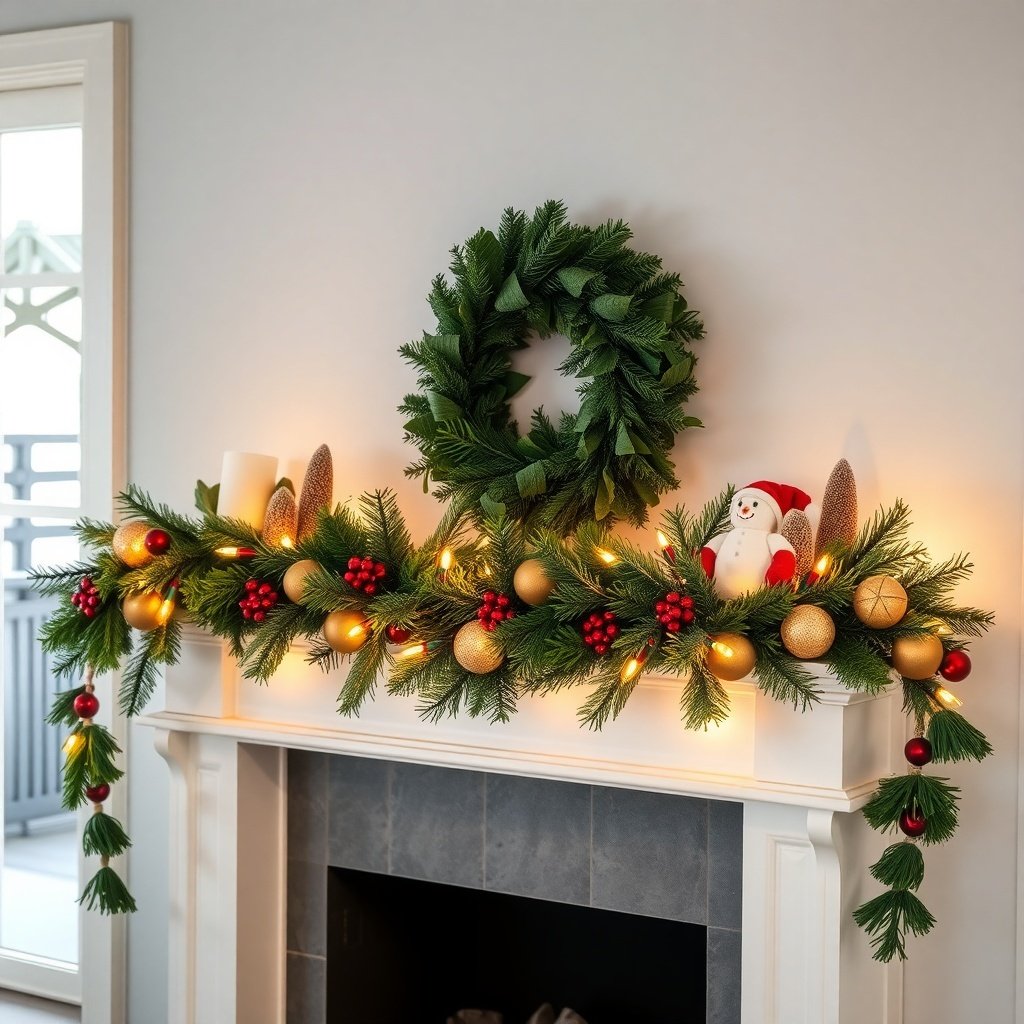50 Inspiring Winter Decor Ideas to Transform Your Home After Christmas A winter-themed garland on a mantel with a wreath, ornaments, and soft lights.