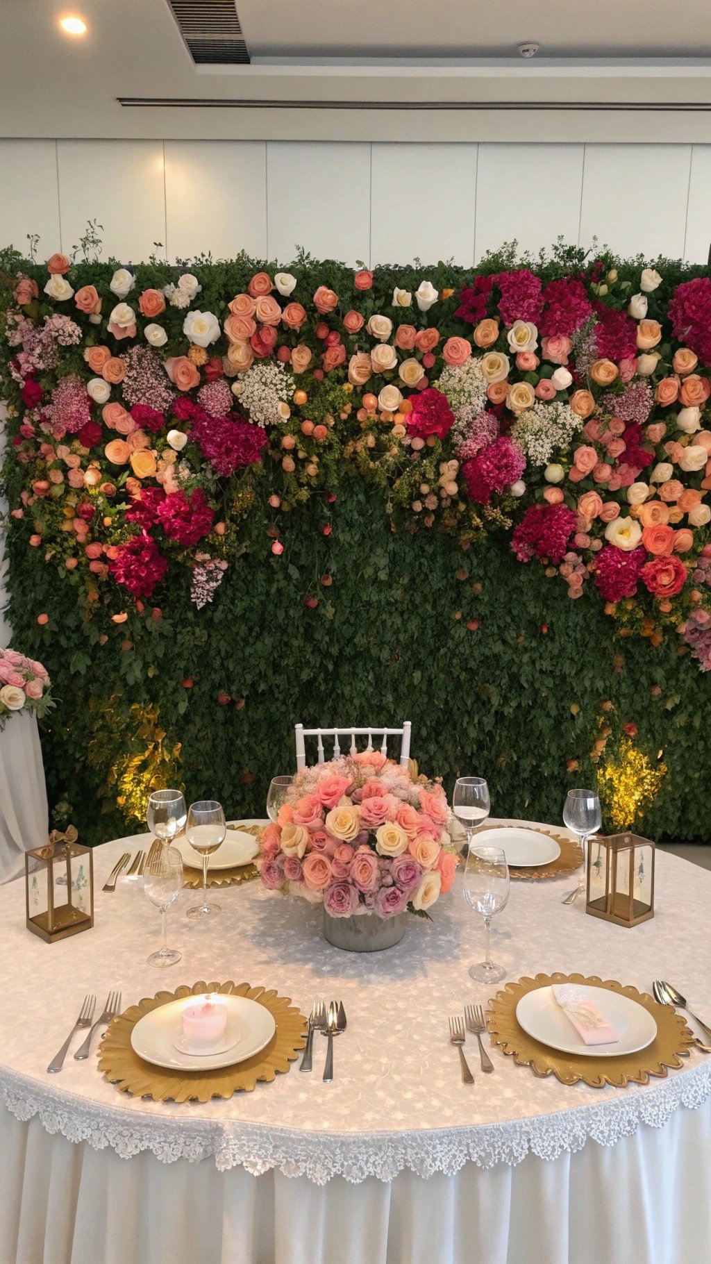29 Stunning Wedding Table Decoration Ideas for a Perfect Celebration A beautifully decorated wedding table with a floral wall backdrop featuring roses and greenery.