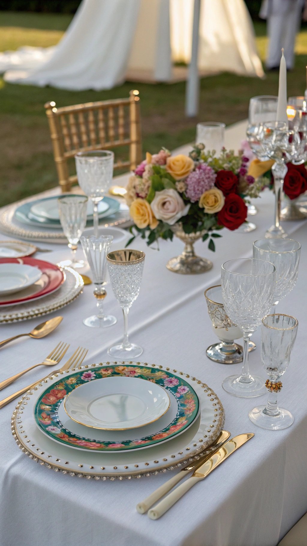 29 Stunning Wedding Table Decoration Ideas for a Perfect Celebration A beautifully set wedding table with elegant glassware, floral centerpieces, and gold cutlery.