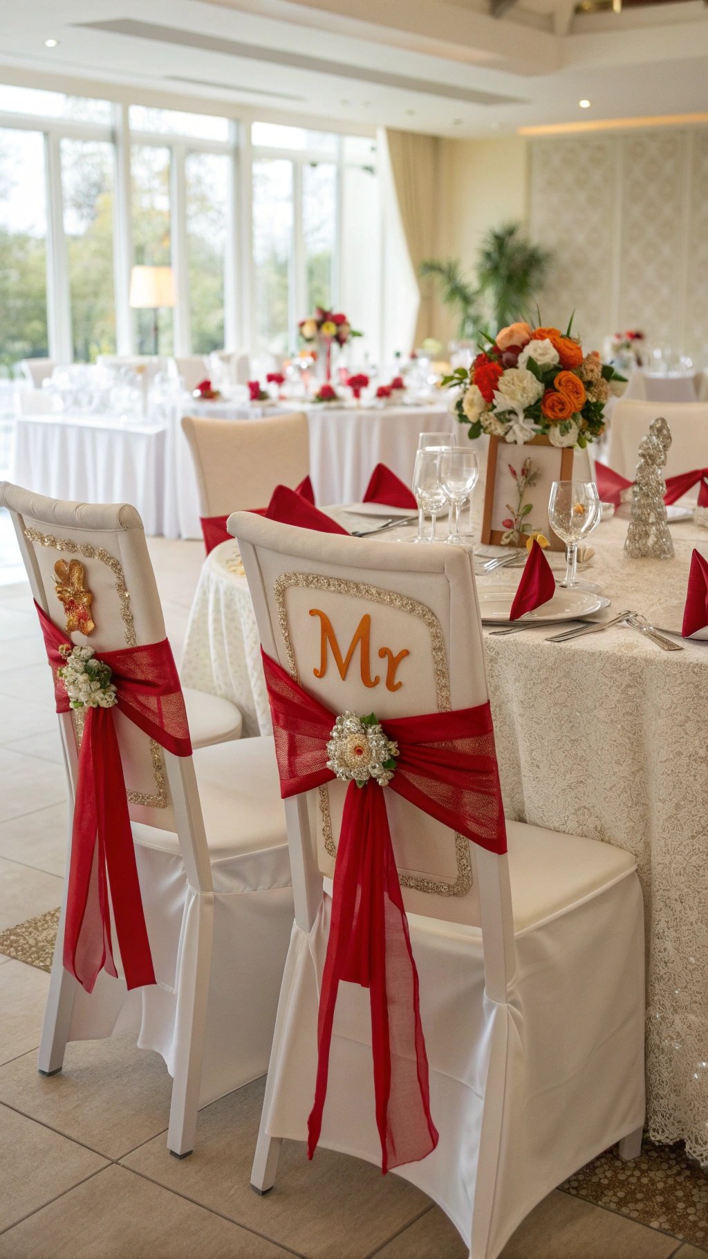 29 Stunning Wedding Table Decoration Ideas for a Perfect Celebration Chairs decorated with red ribbons and floral accents for a wedding reception.
