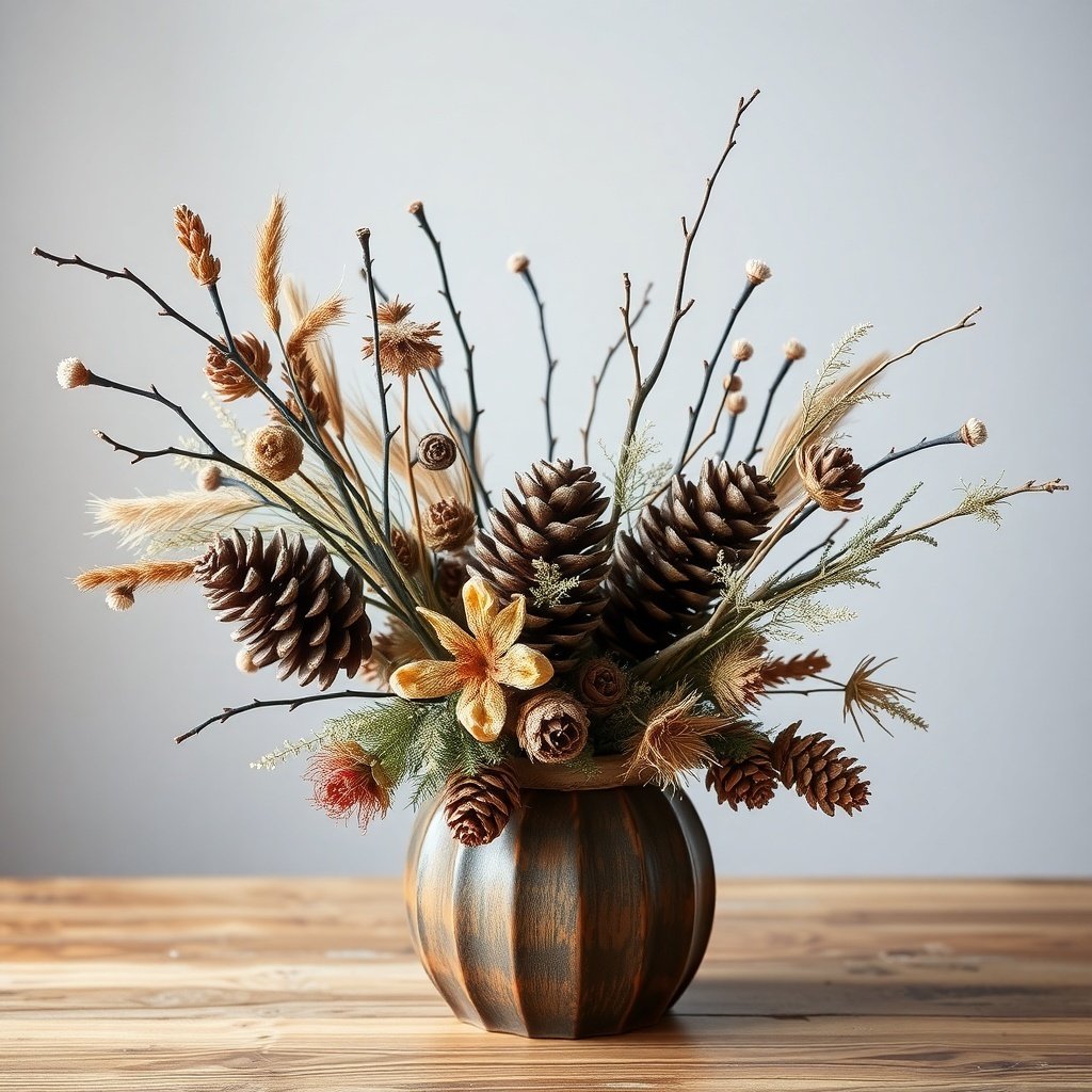 50 Inspiring Winter Decor Ideas to Transform Your Home After Christmas A decorative arrangement featuring pinecones, twigs, and dried flowers in a vase.