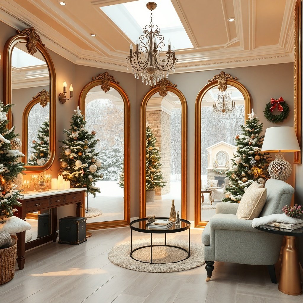 50 Inspiring Winter Decor Ideas to Transform Your Home After Christmas A cozy winter room with large mirrors reflecting light and decorated for winter after Christmas.