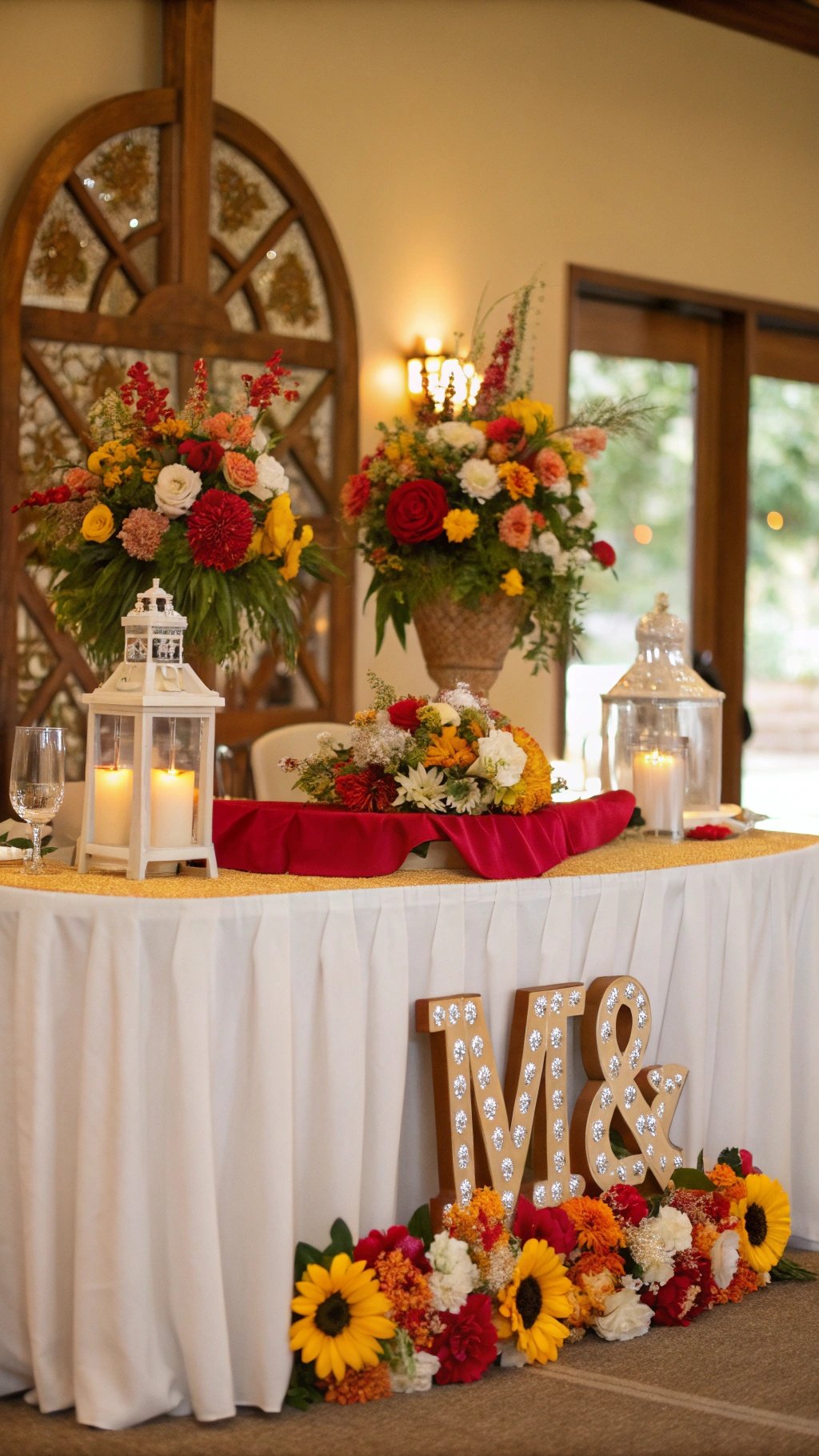 29 Stunning Wedding Table Decoration Ideas for a Perfect Celebration A wedding table decorated with flowers, lanterns, and personalized initials.