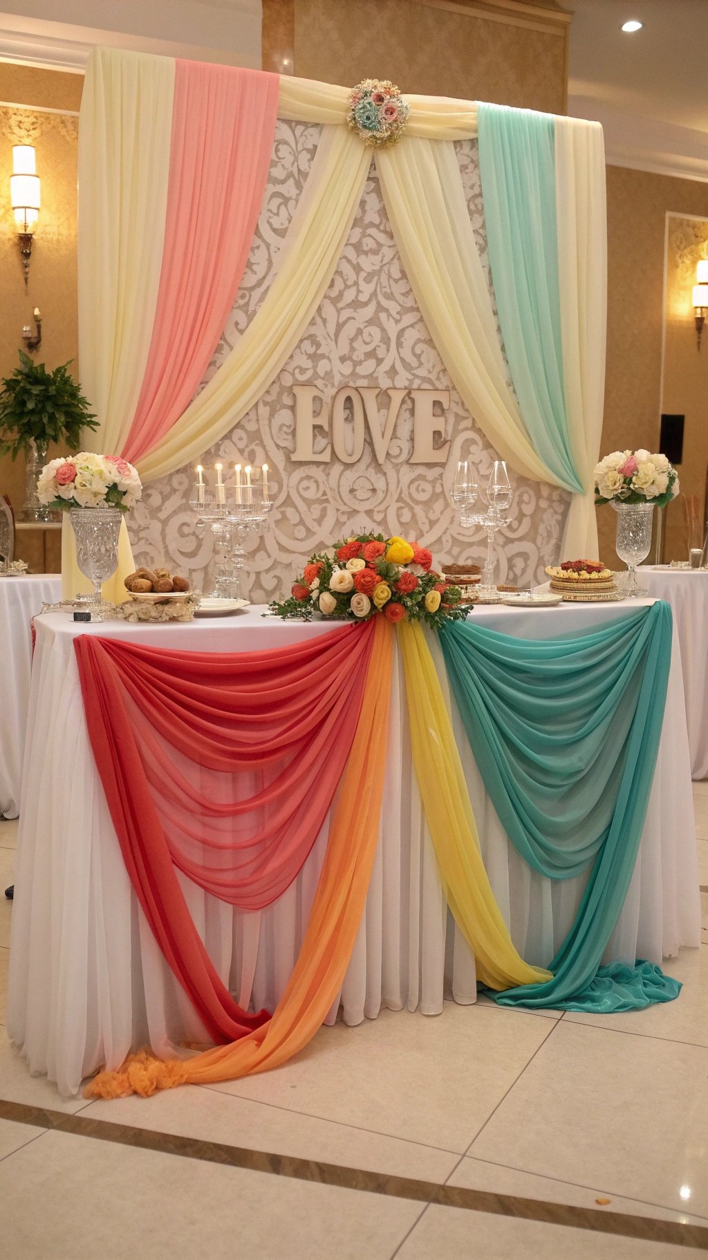29 Stunning Wedding Table Decoration Ideas for a Perfect Celebration A wedding table decorated with colorful draped fabrics and floral arrangements.