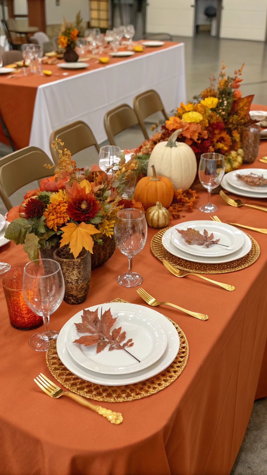 25 Stunning Burnt Orange Wedding Ideas for Your Dream Day A beautifully arranged table setting featuring a burnt orange tablecloth, autumn flower centerpieces, pumpkins, and elegant dishware.