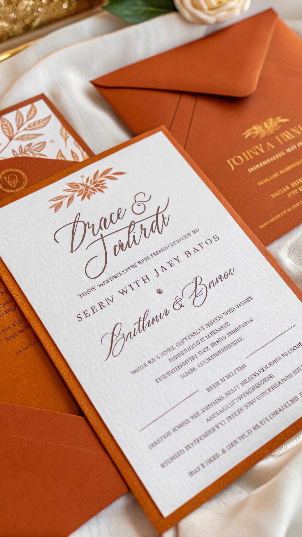 25 Stunning Burnt Orange Wedding Ideas for Your Dream Day Burnt orange wedding invitation with floral design and elegant script