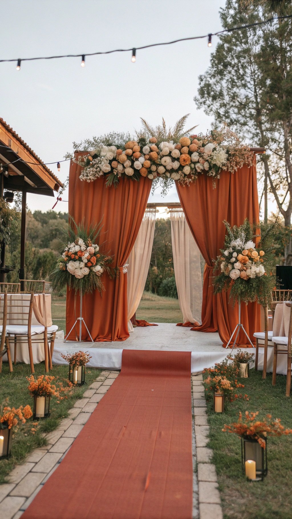 25 Stunning Burnt Orange Wedding Ideas for Your Dream Day A rustic wedding ceremony backdrop featuring burnt orange drapes, floral arrangements, and a matching aisle.
