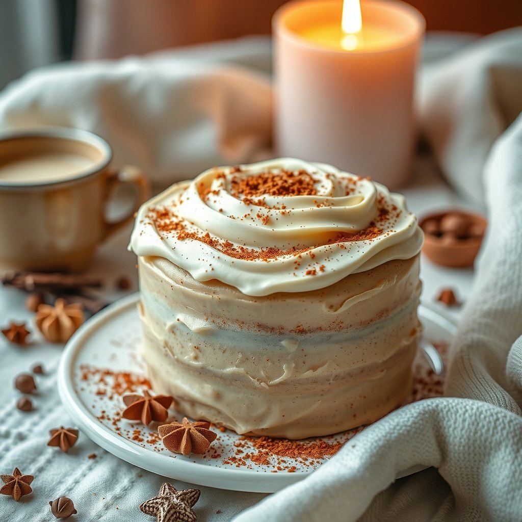 30 Delicious New Year Cake Recipes to Celebrate in Style A beautifully decorated chai latte cake with creamy frosting and a sprinkle of spices, accompanied by a cup of chai and a candle.