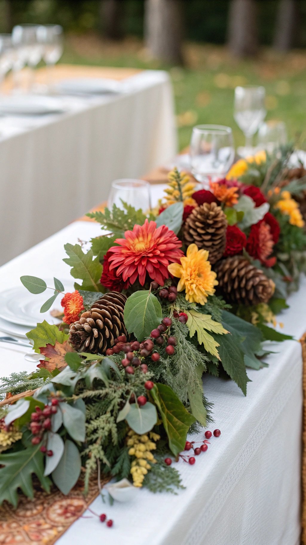 29 Stunning Wedding Table Decoration Ideas for a Perfect Celebration A wedding table decoration featuring a floral arrangement with red and yellow flowers, pinecones, and greenery.