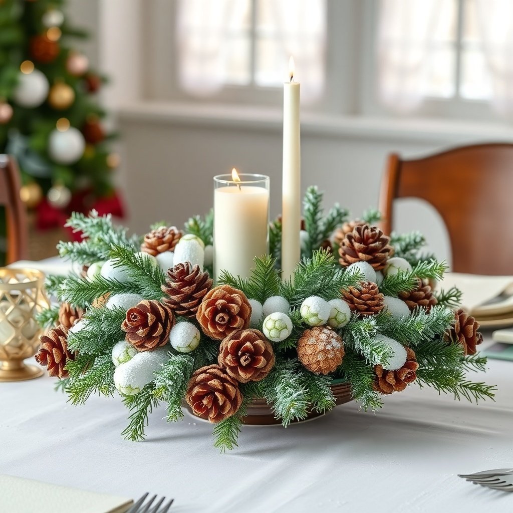 50 Inspiring Winter Decor Ideas to Transform Your Home After Christmas A winter centerpiece with pinecones, greenery, and candles on a table.