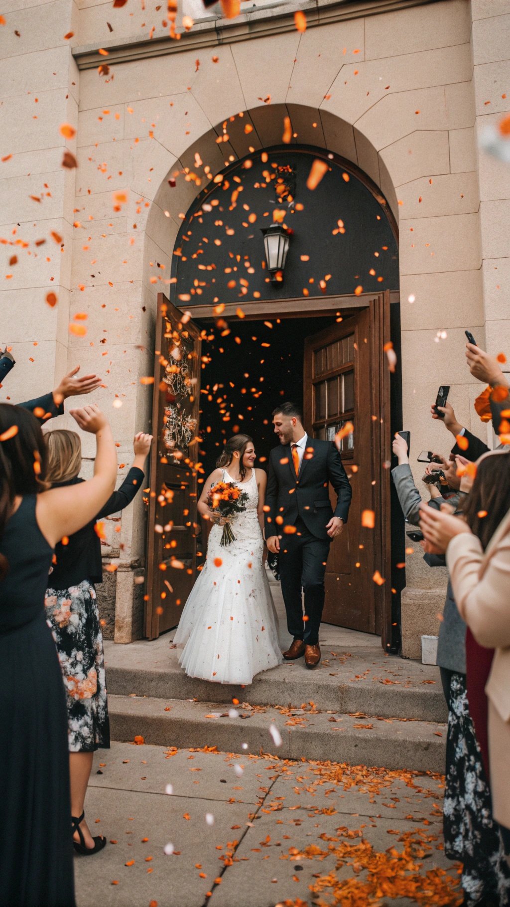25 Stunning Burnt Orange Wedding Ideas for Your Dream Day A couple exiting a wedding venue surrounded by guests throwing burnt orange confetti.