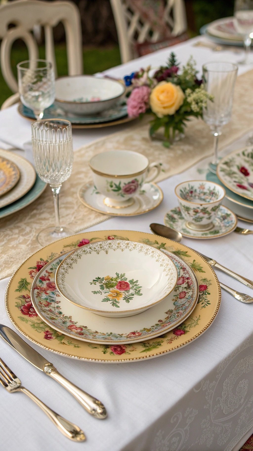 29 Stunning Wedding Table Decoration Ideas for a Perfect Celebration A beautifully set wedding table featuring antique tableware, including floral china and elegant glassware.