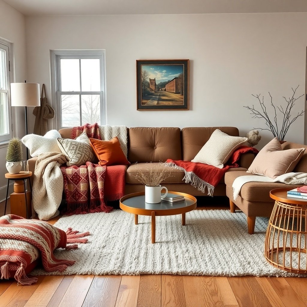 50 Inspiring Winter Decor Ideas to Transform Your Home After Christmas A cozy living room with a brown sofa, warm textiles, and a soft rug, perfect for winter decor.