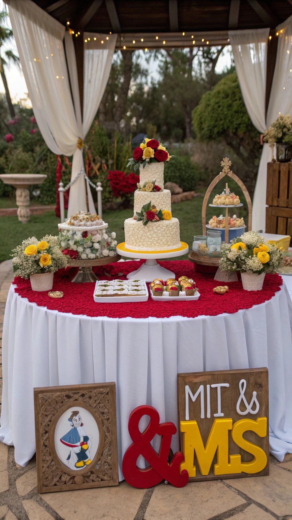 29 Stunning Wedding Table Decoration Ideas for a Perfect Celebration A wedding dessert table with a red tablecloth, white cake, and colorful decorations. Wedding Table Decoration