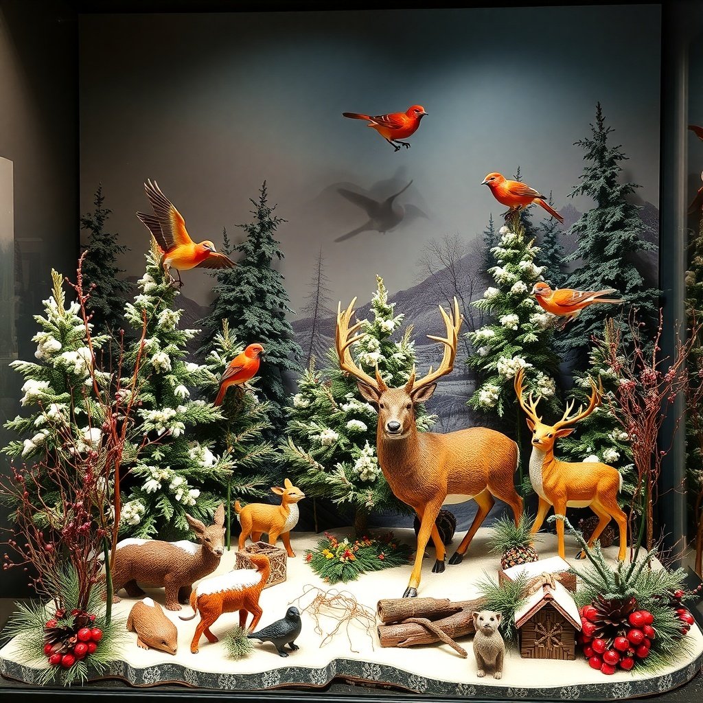 50 Inspiring Winter Decor Ideas to Transform Your Home After Christmas A winter wildlife scene featuring deer, foxes, and birds among snowy trees.