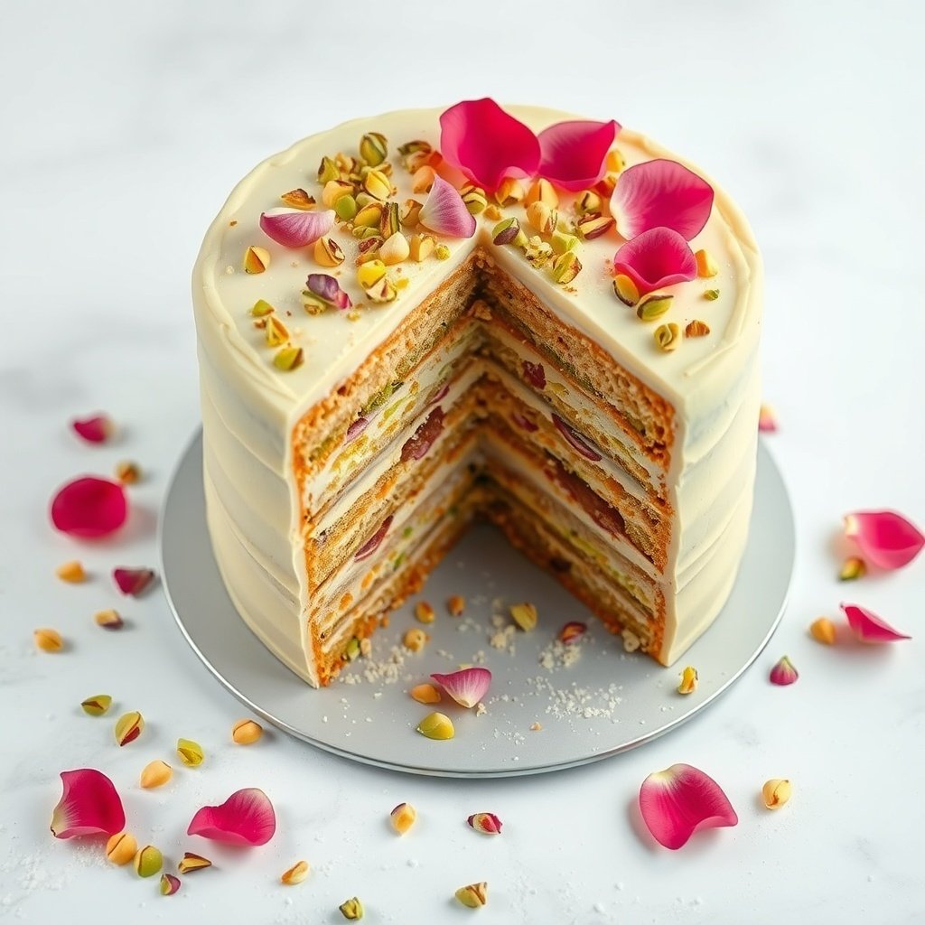 30 Delicious New Year Cake Recipes to Celebrate in Style A beautifully layered pistachio and rose water cake decorated with rose petals and pistachios.