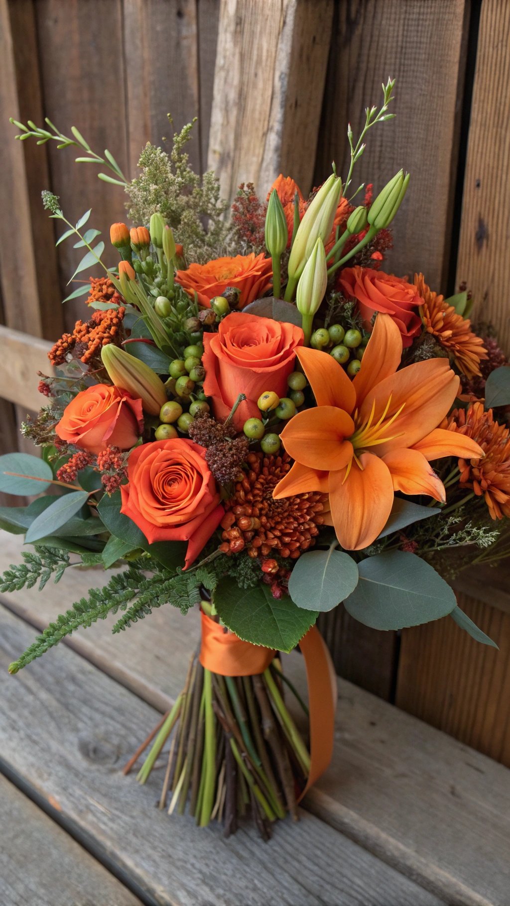 25 Stunning Burnt Orange Wedding Ideas for Your Dream Day A bouquet featuring burnt orange roses, lilies, and greenery, tied with an orange ribbon. Burnt Orange Wedding