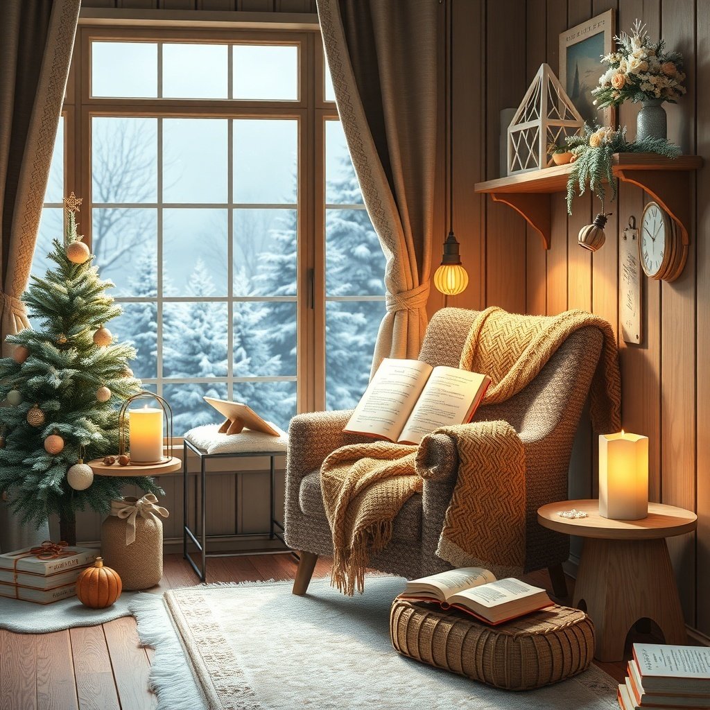 50 Inspiring Winter Decor Ideas to Transform Your Home After Christmas A cozy winter reading nook with a chair, blanket, books, and a small tree by the window.