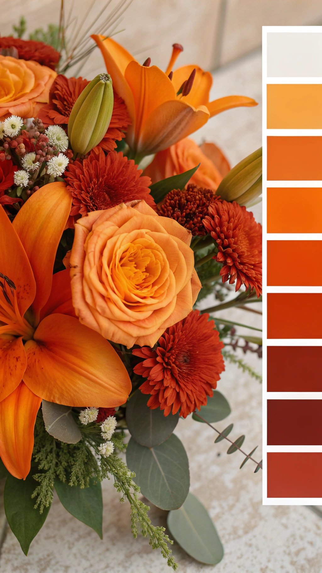 25 Stunning Burnt Orange Wedding Ideas for Your Dream Day A bouquet featuring burnt orange flowers with a color palette swatch on the side.